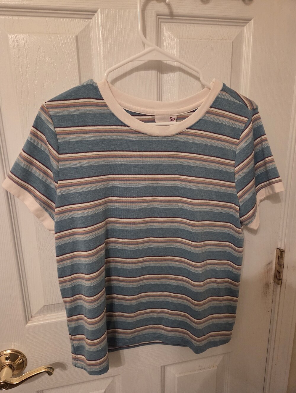 SO Favorite Tee Juniors Size XL Scoop Neck Teal Purple White Striped